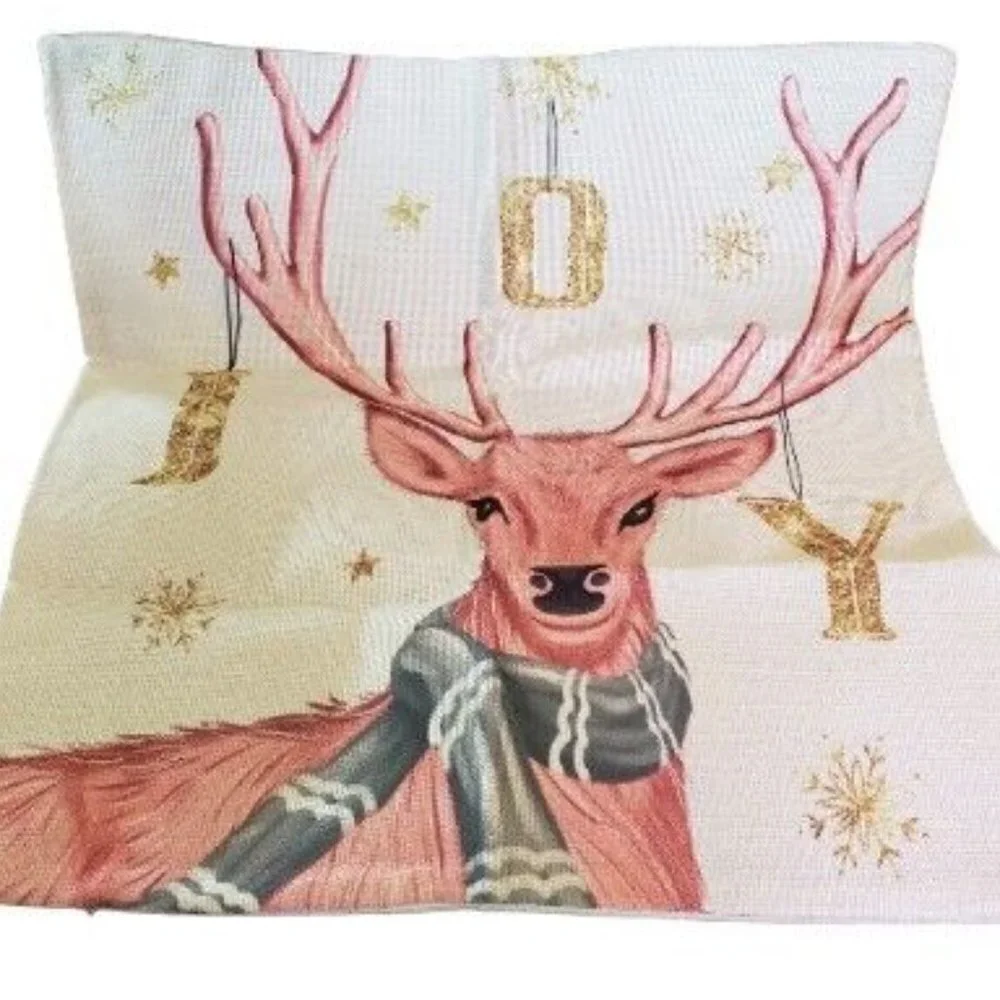 vintage style Christmas Pink Deer, gold Joy cushion Pillow Cover 17.7